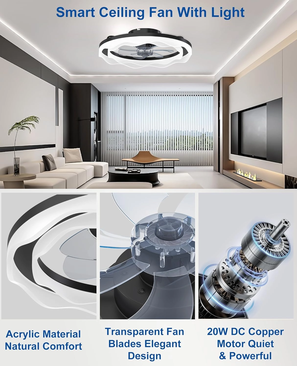 Ceiling Fans with Lights, 20'' Black Low Profile Ceiling Fan with Light, 3000K-6500K Dimmable LED Fan Light, APP Remote Control 6 Wind Speeds Fandelier Flush Mount Modern Ceiling Fans for Bedroom