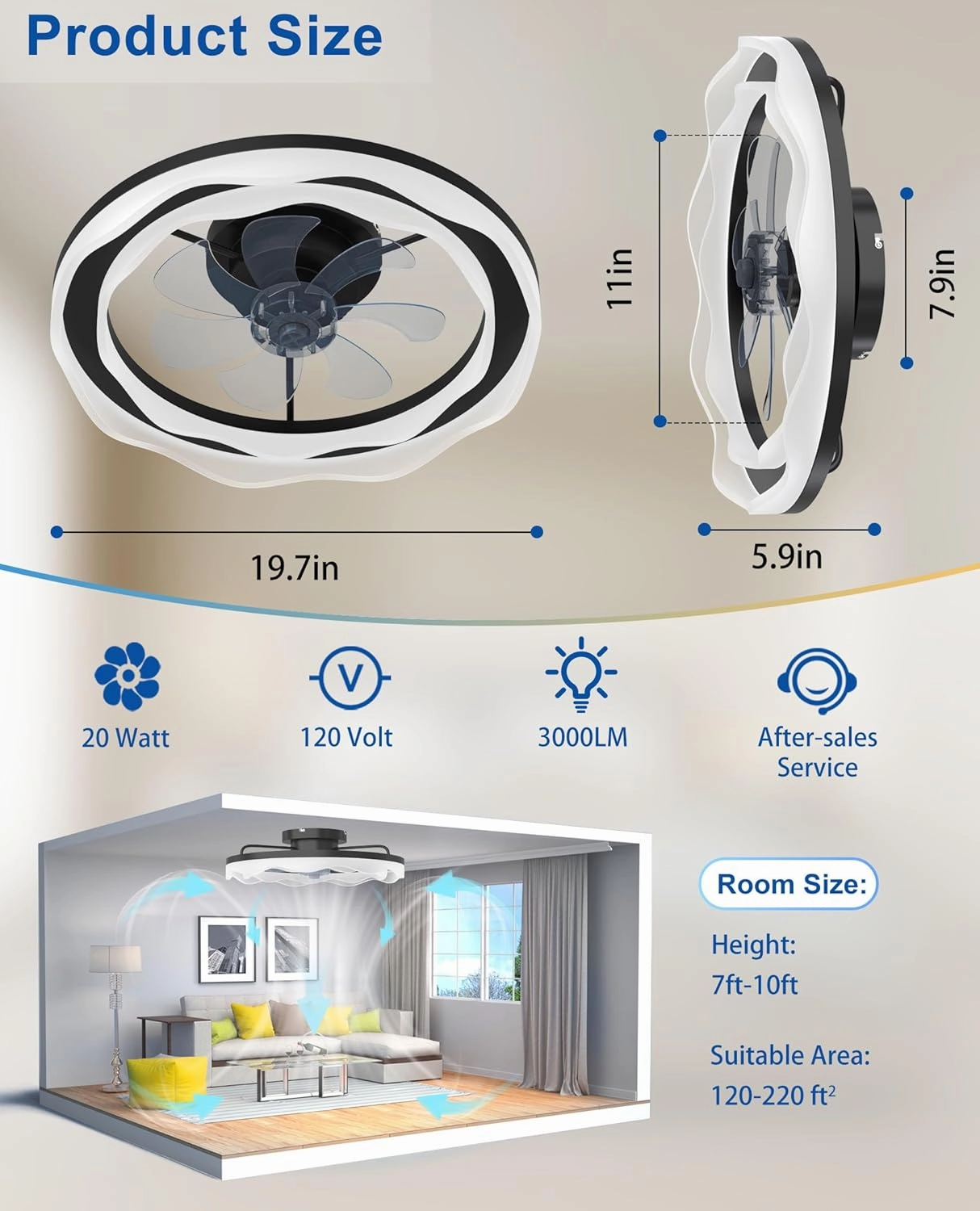 Ceiling Fans with Lights, 20'' Black Low Profile Ceiling Fan with Light, 3000K-6500K Dimmable LED Fan Light, APP Remote Control 6 Wind Speeds Fandelier Flush Mount Modern Ceiling Fans for Bedroom