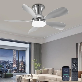 Ceiling Fans with Lights, 33 Inch Low Profile Ceiling Fan with Light and Remote Control, Flush Mount, 3CCT, Dimmable, Noiseless, Reversible, Silver Small Ceiling Fan for Bedroom Indoor/Outdoor Use App-controlled remote fan for convenience