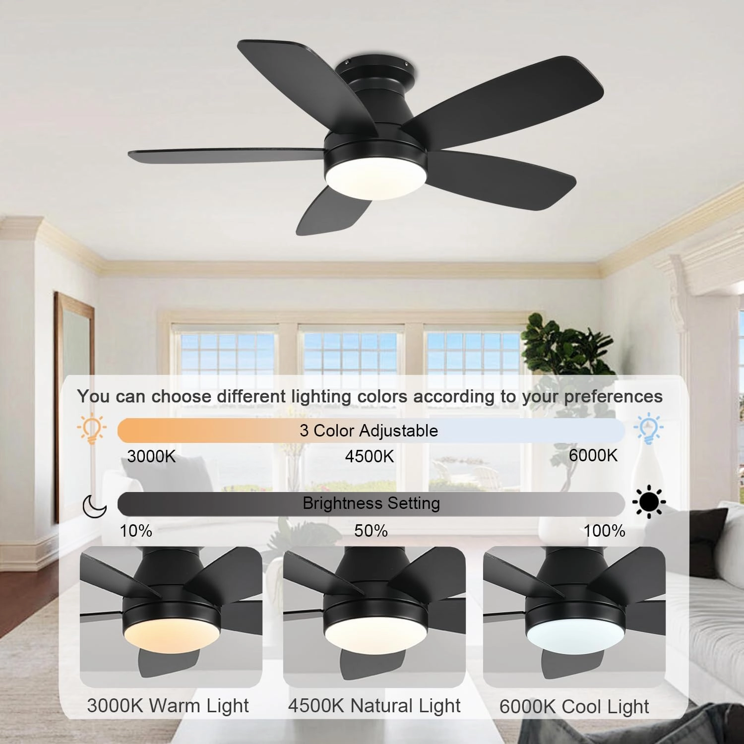 Ceiling Fans with Lights, 42 Inch Low Profile Ceiling Fan with Light and Remote/App Control, Flush Mount, Reversible, 3CCT, Dimmable, Noiseless, Black Ceiling Fan for Indoor/Outdoor Use