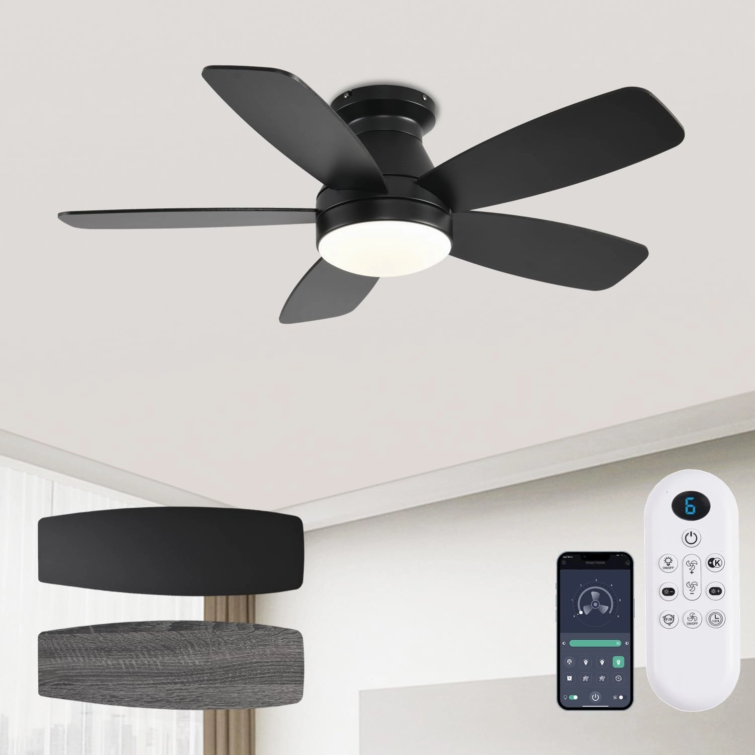 Ceiling Fans with Lights, 42 Inch Low Profile Ceiling Fan with Light and Remote/App Control, Flush Mount, Reversible, 3CCT, Dimmable, Noiseless, Black Ceiling Fan for Indoor/Outdoor Use App-controlled remote fan for convenience
