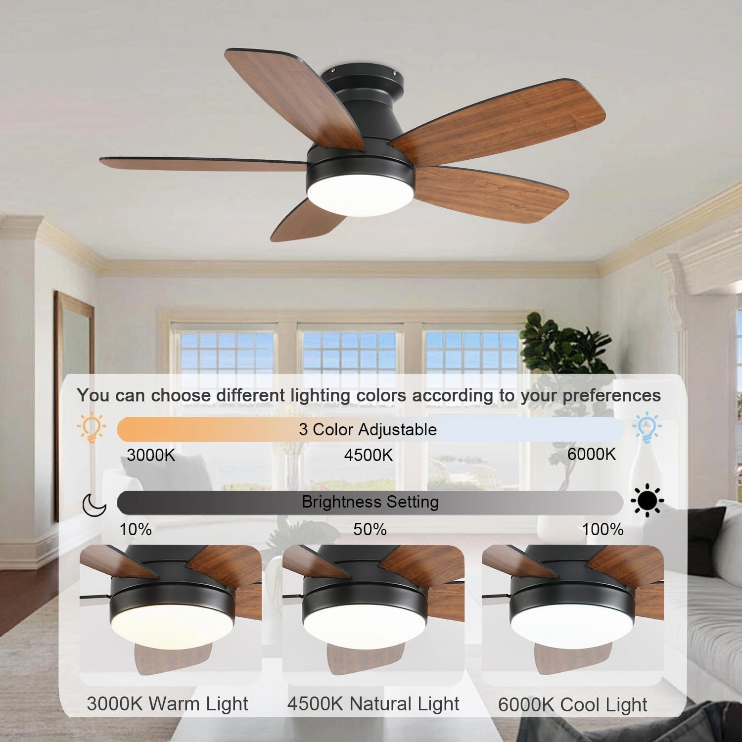 Ceiling Fans with Lights, 42 Inch Low Profile Ceiling Fan with Light and Remote/App Control, Flush Mount, Reversible, 3CCT, Dimmable, Noiseless, Brown Ceiling Fan for Indoor/Outdoor Use
