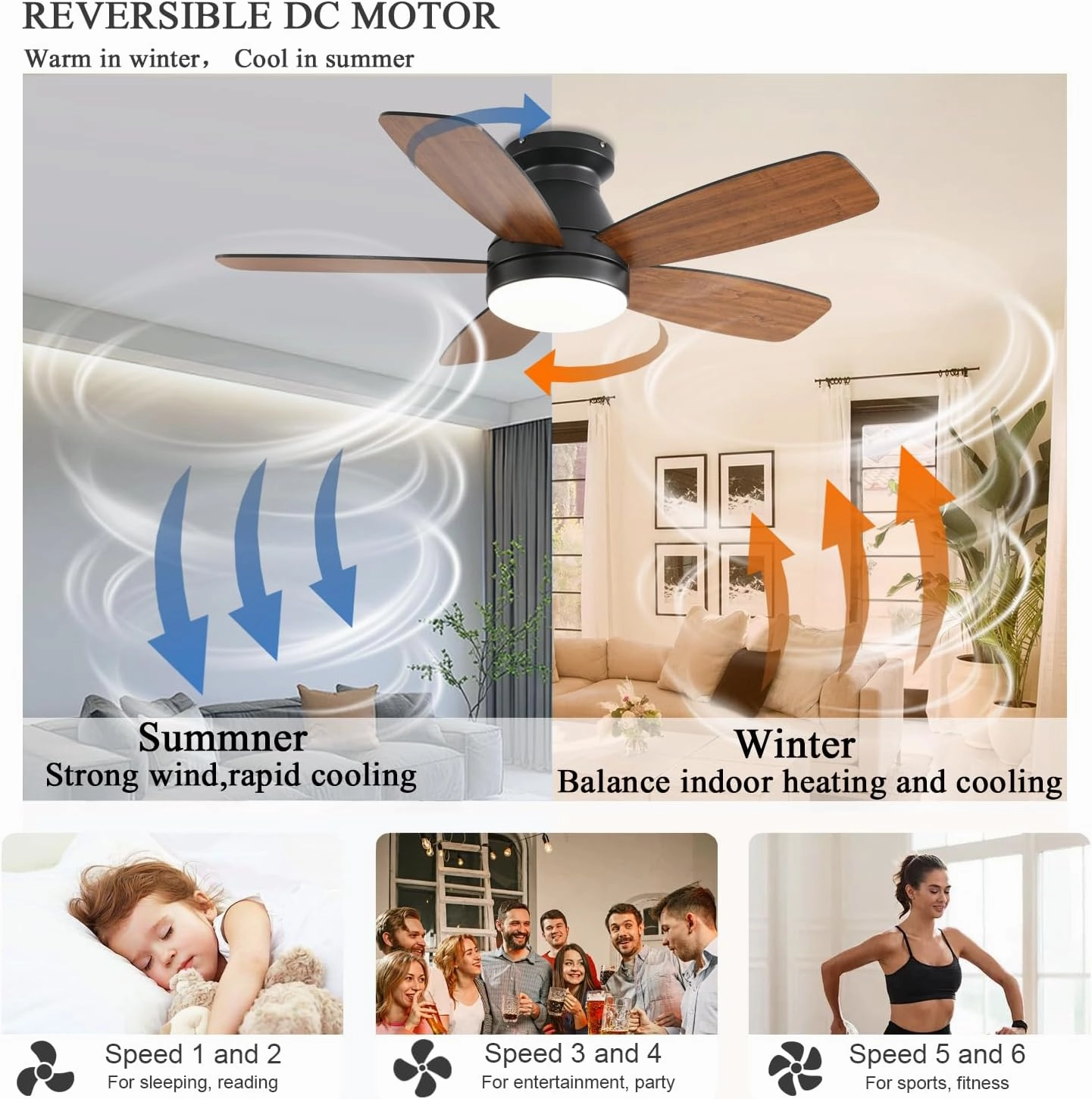 Ceiling Fans with Lights, 42 Inch Low Profile Ceiling Fan with Light and Remote/App Control, Flush Mount, Reversible, 3CCT, Dimmable, Noiseless, Brown Ceiling Fan for Indoor/Outdoor Use