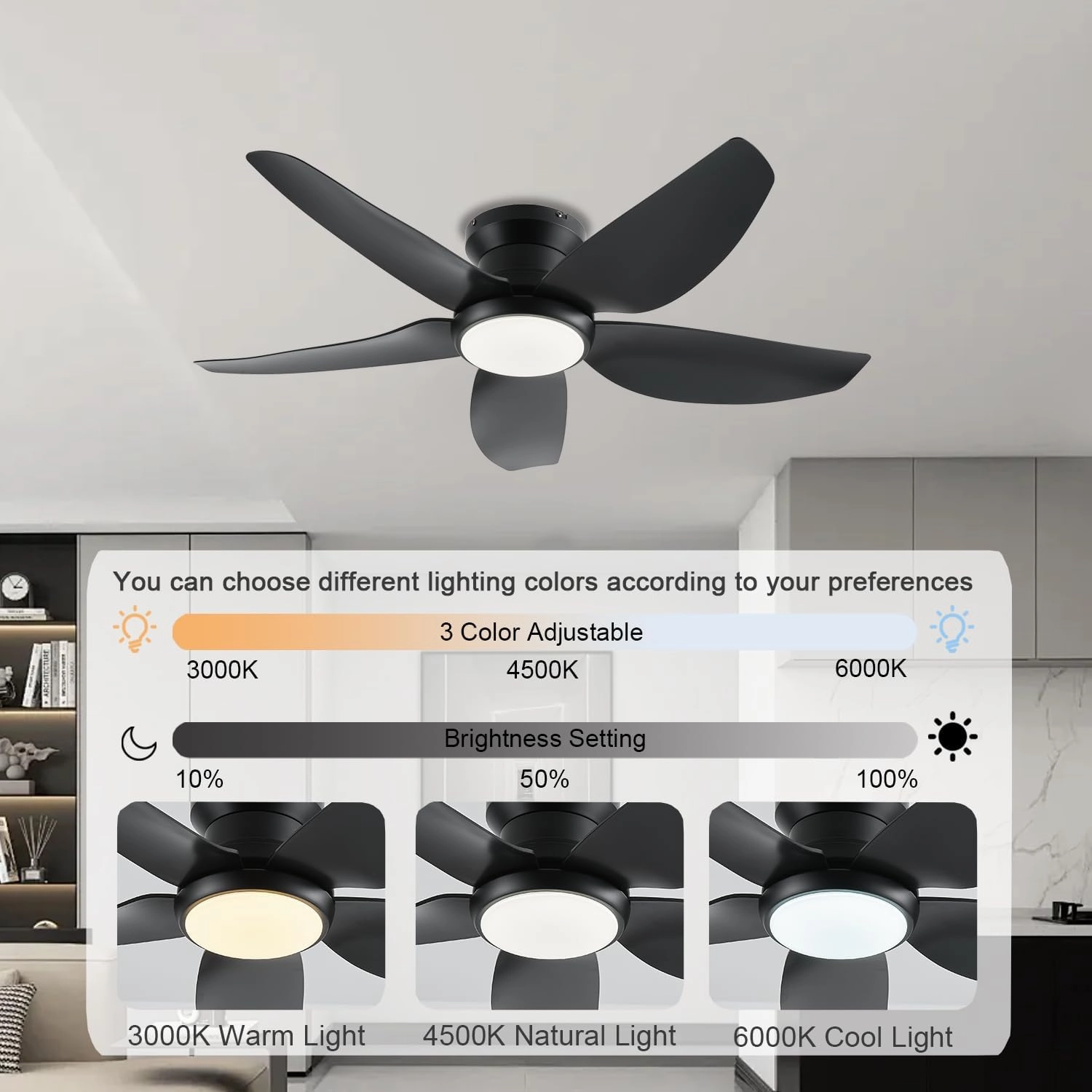 Ceiling Fans with Lights, 43 Inch Low Profile Ceiling Fan with Light and Remote/App Control, Flush Mount, Reversible DC Motor, 3CCT, Dimmable, Noiseless, Black Ceiling Fan for Indoor/Outdoor Use