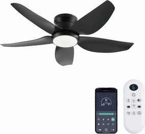 Ceiling Fans with Lights, 43 Inch Low Profile Ceiling Fan with Light and Remote/App Control, Flush Mount, Reversible DC Motor, 3CCT, Dimmable, Noiseless, Black Ceiling Fan for Indoor/Outdoor Use App-controlled remote fan for convenience