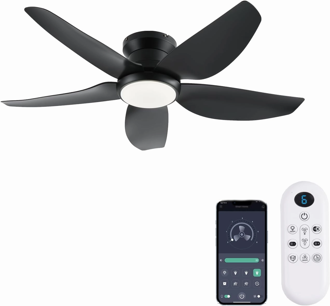 Ceiling Fans with Lights, 43 Inch Low Profile Ceiling Fan with Light and Remote/App Control, Flush Mount, Reversible DC Motor, 3CCT, Dimmable, Noiseless, Black Ceiling Fan for Indoor/Outdoor Use App-controlled remote fan for convenience