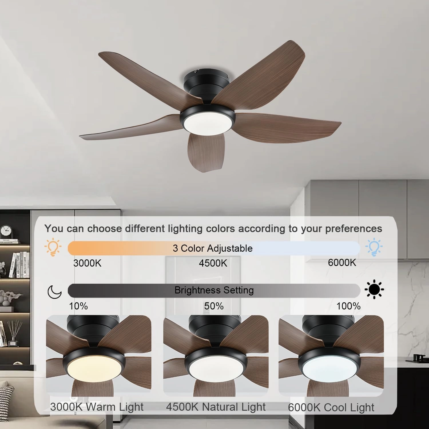 Ceiling Fans with Lights, 43 Inch Low Profile Ceiling Fan with Light and Remote/App Control, Flush Mount, Reversible DC Motor, 3CCT, Dimmable, Noiseless, Brown Ceiling Fan for Indoor/Outdoor Use