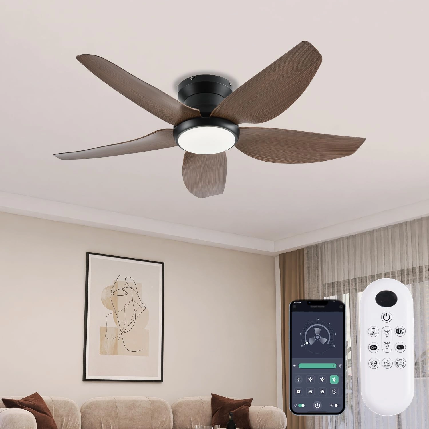 Ceiling Fans with Lights, 43 Inch Low Profile Ceiling Fan with Light and Remote/App Control, Flush Mount, Reversible DC Motor, 3CCT, Dimmable, Noiseless, Brown Ceiling Fan for Indoor/Outdoor Use App-controlled remote fan for convenience