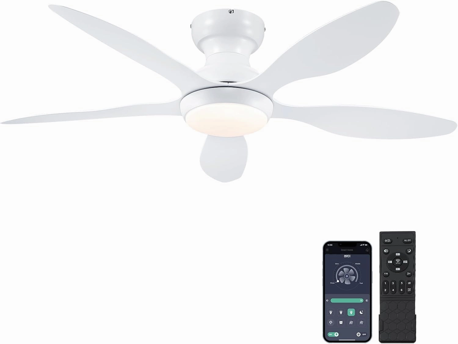 Ceiling Fans with Lights, 46 inch Modern Low Profile Ceiling Fan with Light and Remote App Control, Flush Mount, Quiet DC Reversible, Dim Led Ceiling Fan for Bedroom Kitchen Indoor/Outdoor Patio White App-controlled remote fan for convenience