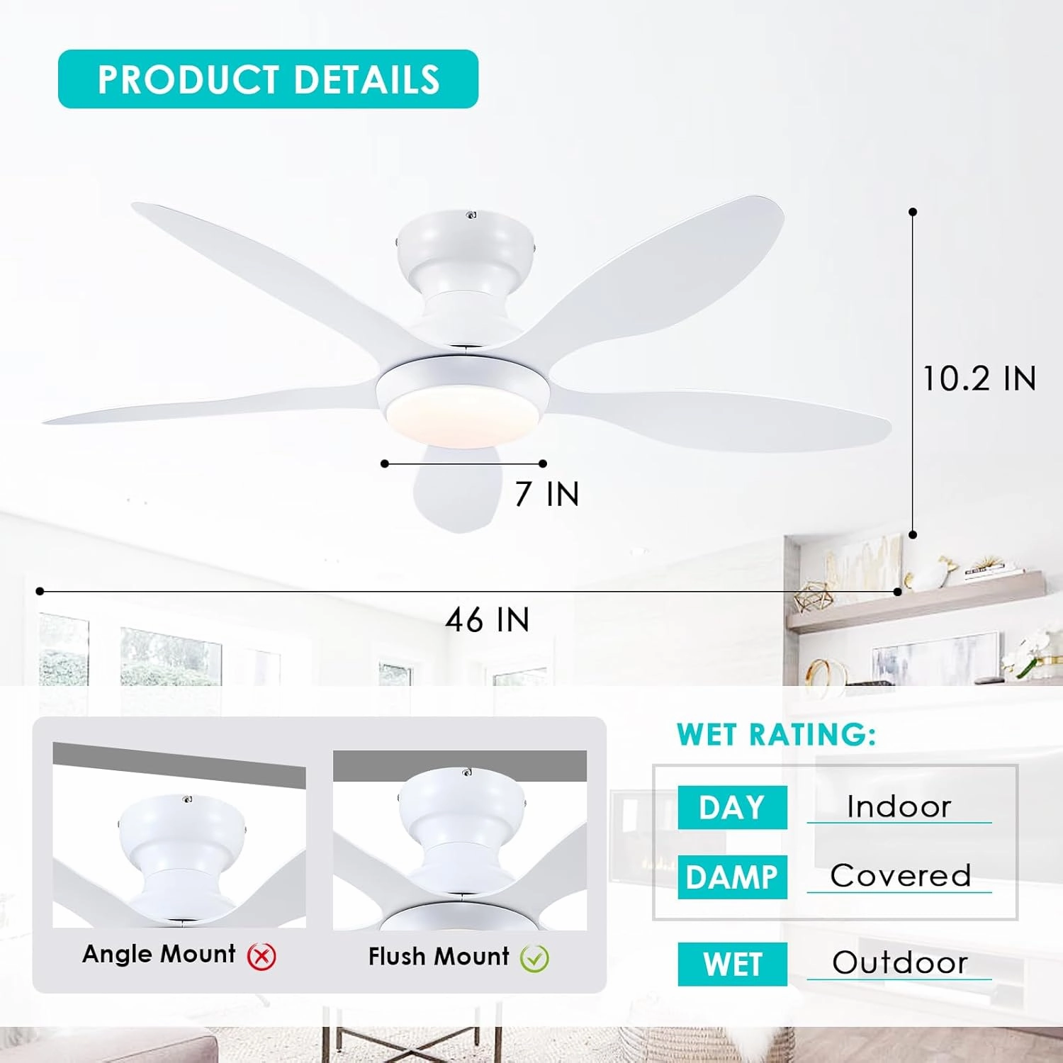 Ceiling Fans with Lights, 46 inch Modern Low Profile Ceiling Fan with Light and Remote App Control, Flush Mount, Quiet DC Reversible, Dim Led Ceiling Fan for Bedroom Kitchen Indoor/Outdoor Patio White