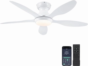 Ceiling Fans with Lights, 46 inch Modern Low Profile Ceiling Fan with Light and Remote App Control, Flush Mount, Quiet DC Reversible, Dim Led Ceiling Fan for Bedroom Kitchen Indoor/Outdoor Patio White App-controlled remote fan for convenience