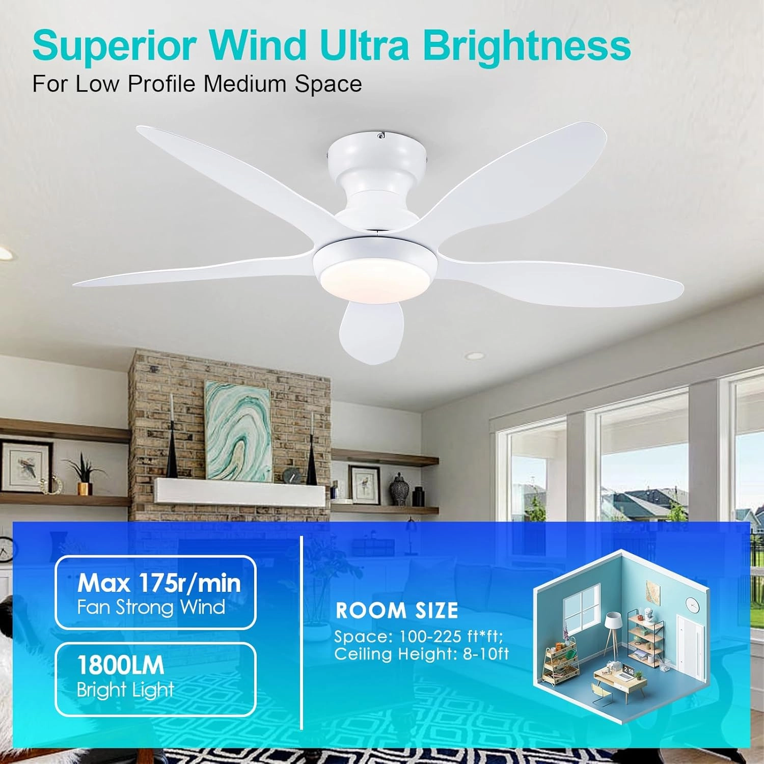 Ceiling Fans with Lights, 46 inch Modern Low Profile Ceiling Fan with Light and Remote App Control, Flush Mount, Quiet DC Reversible, Dim Led Ceiling Fan for Bedroom Kitchen Indoor/Outdoor Patio White
