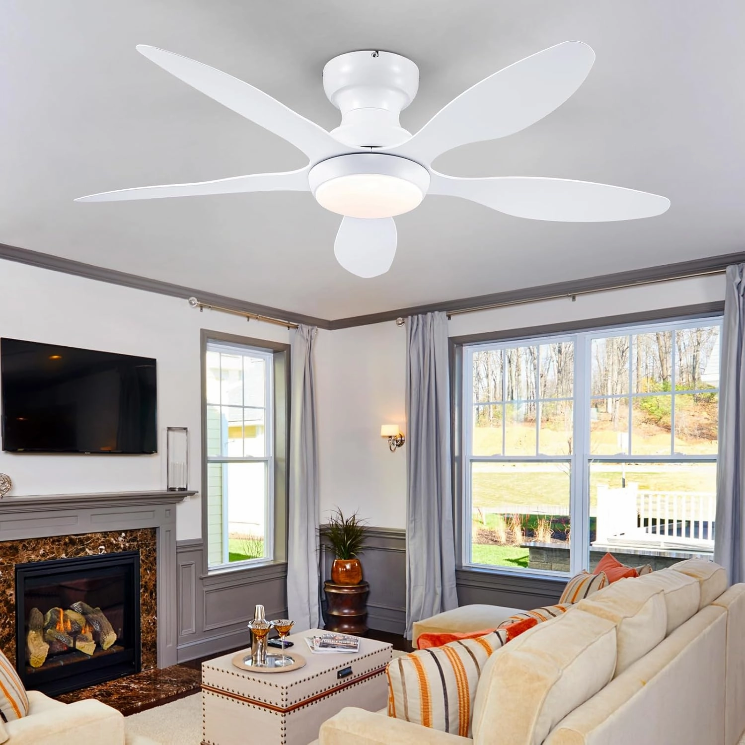 Ceiling Fans with Lights, 46 inch Modern Low Profile Ceiling Fan with Light and Remote App Control, Flush Mount, Quiet DC Reversible, Dim Led Ceiling Fan for Bedroom Kitchen Indoor/Outdoor Patio White