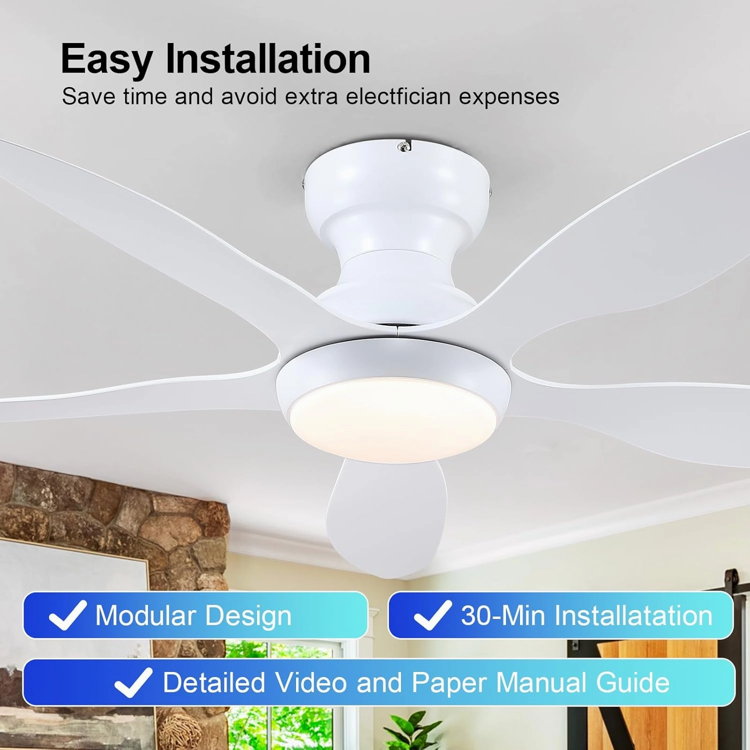 Ceiling Fans with Lights, 46 inch Modern Low Profile Ceiling Fan with Light and Remote App Control, Flush Mount, Quiet DC Reversible, Dim Led Ceiling Fan for Bedroom Kitchen Indoor/Outdoor Patio White