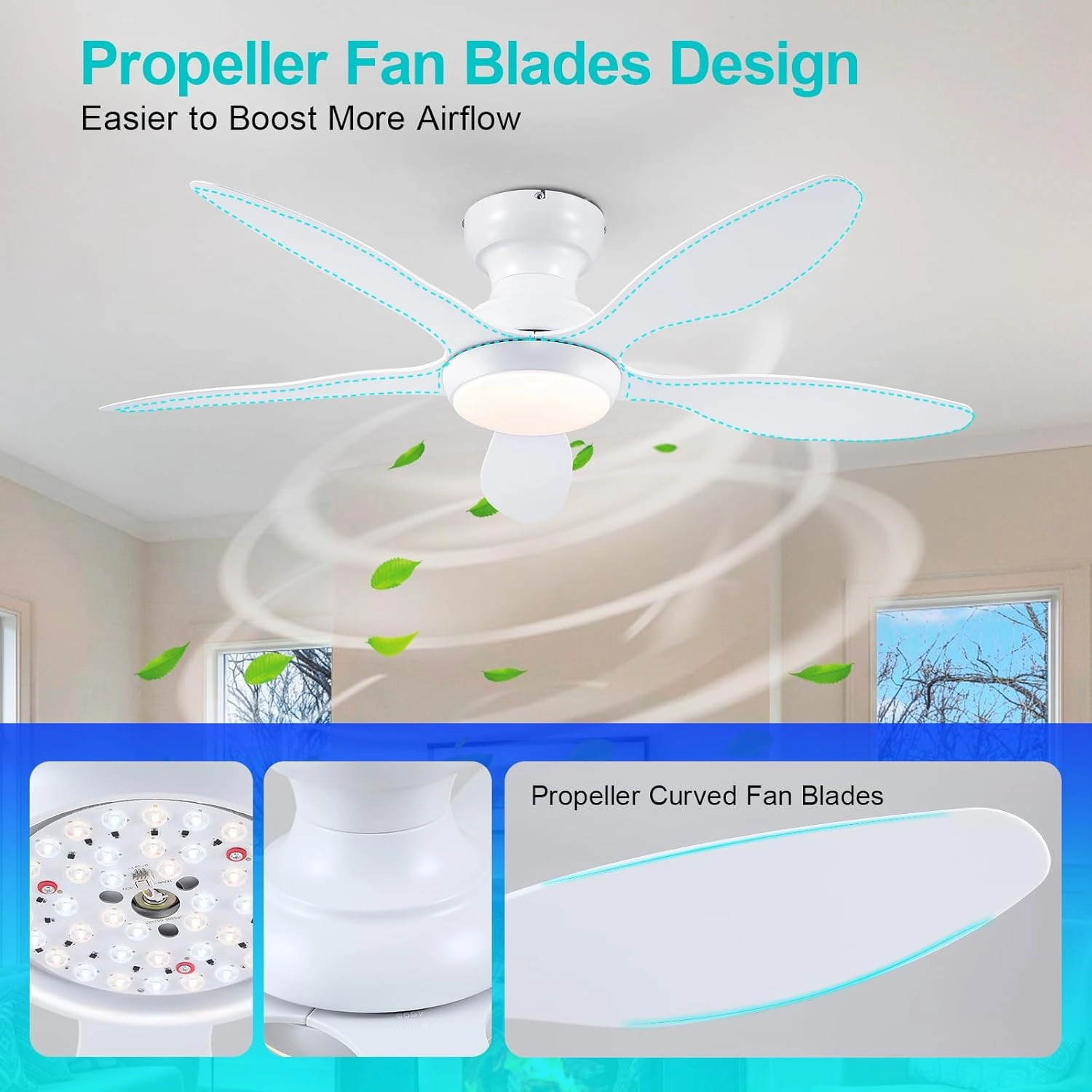 Ceiling Fans with Lights, 46 inch Modern Low Profile Ceiling Fan with Light and Remote App Control, Flush Mount, Quiet DC Reversible, Dim Led Ceiling Fan for Bedroom Kitchen Indoor/Outdoor Patio White