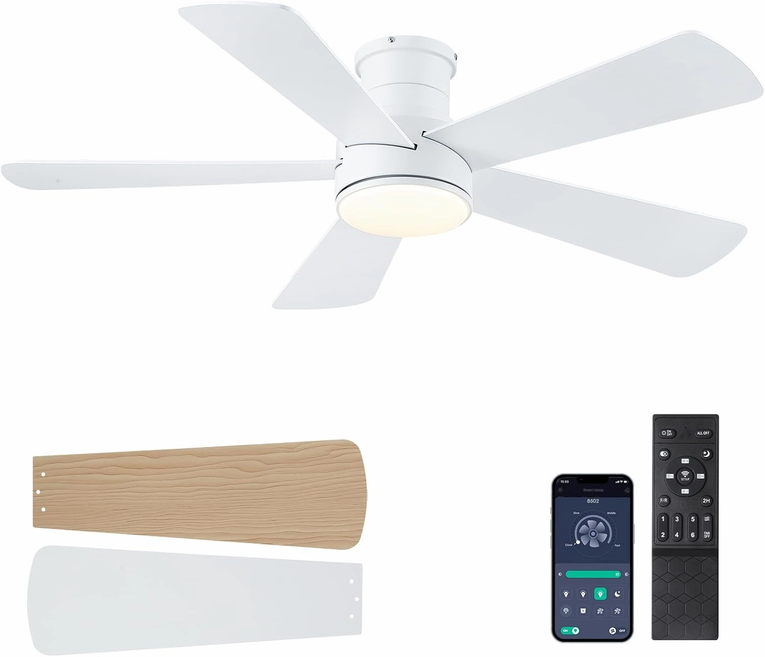 Ceiling Fans with Lights,46-Modern Low Profile Ceiling Fan with Remote Control,5 Dual-Sided Blades,Reversible DC Motor,White Flush Mount Ceiling Fan for Bedroom Indoor/Outdoor Use App-controlled remote fan for convenience