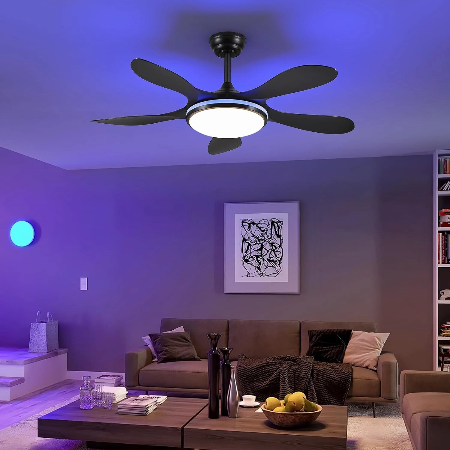 Ceiling Fans with Lights- 46" RGB Low Profile Indoor Ceiling Fan with Light and Remote/APP Control, Flush Mount, LED Dimmable DC Reversible Modern Ceiling Fan for Bedroom
