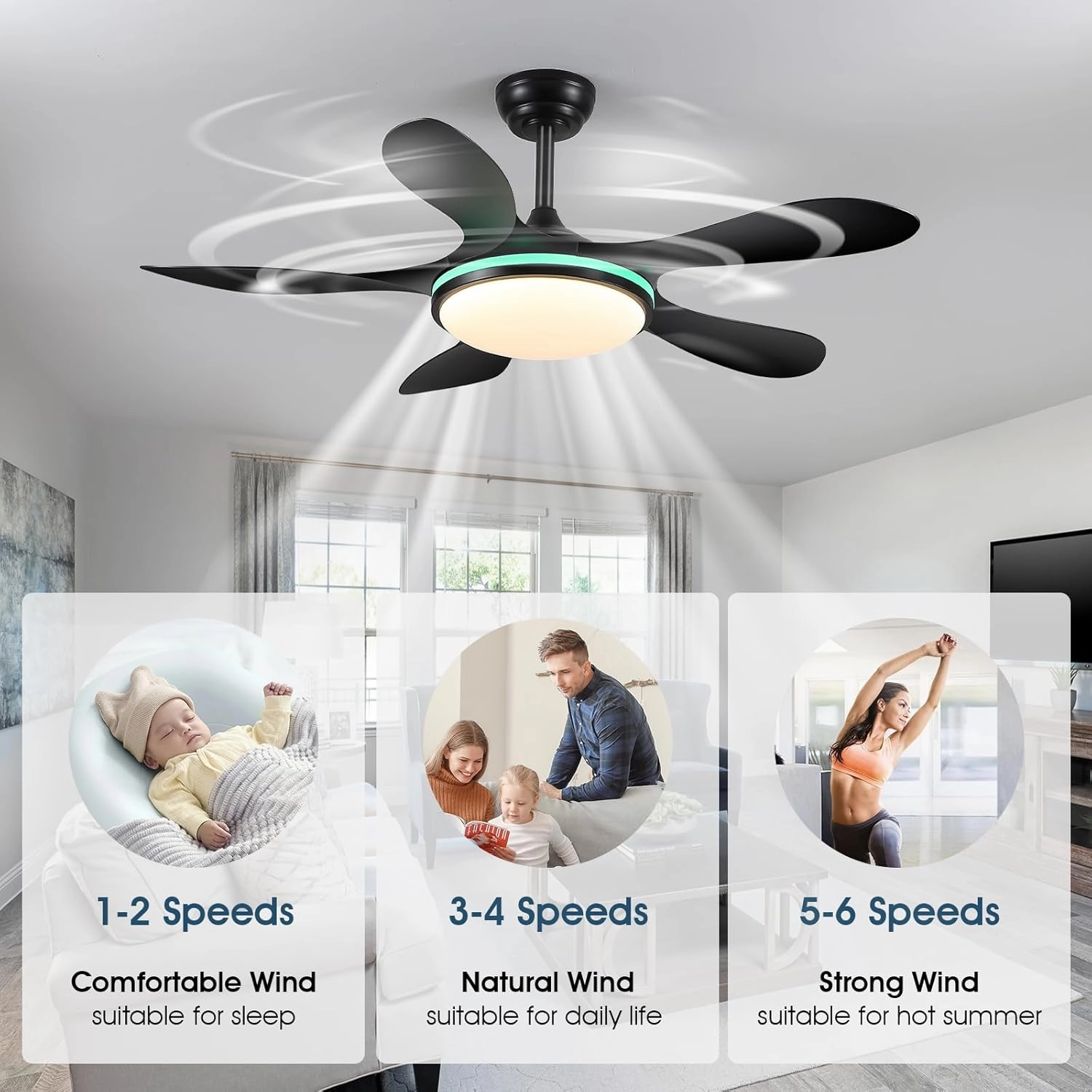 Ceiling Fans with Lights- 46" RGB Low Profile Indoor Ceiling Fan with Light and Remote/APP Control, Flush Mount, LED Dimmable DC Reversible Modern Ceiling Fan for Bedroom