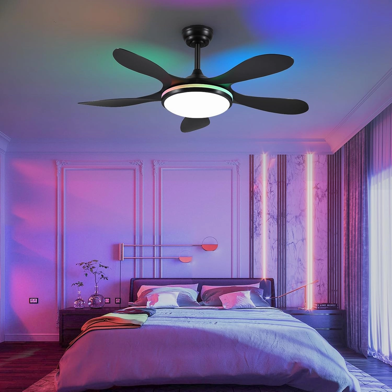 Ceiling Fans with Lights- 46" RGB Low Profile Indoor Ceiling Fan with Light and Remote/APP Control, Flush Mount, LED Dimmable DC Reversible Modern Ceiling Fan for Bedroom