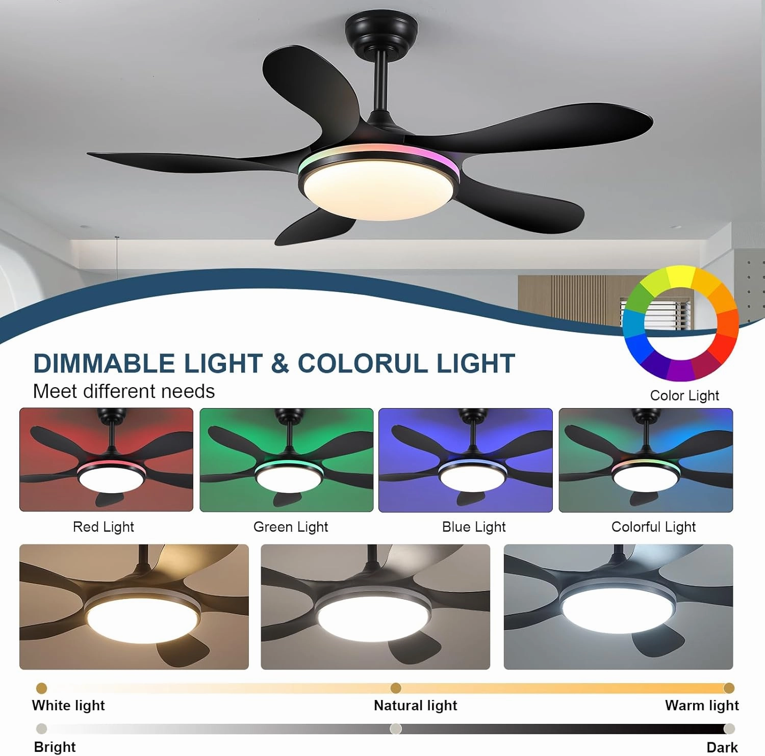 Ceiling Fans with Lights- 46" RGB Low Profile Indoor Ceiling Fan with Light and Remote/APP Control, Flush Mount, LED Dimmable DC Reversible Modern Ceiling Fan for Bedroom