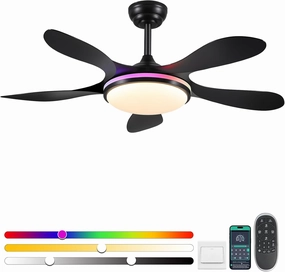 Ceiling Fans with Lights- 46" RGB Low Profile Indoor Ceiling Fan with Light and Remote/APP Control, Flush Mount, LED Dimmable DC Reversible Modern Ceiling Fan for Bedroom App-controlled remote fan for convenience