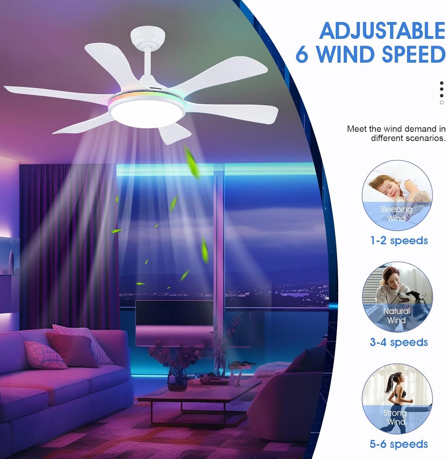 Ceiling Fans with Lights-47 Low Profile Ceiling Fan with 7-Color RGB Light and Remote/APP Control,Flush Mount,DC Reversible,LED Dimmable White Ceiling Fans for Bedroom,Indoor/Outdoor Patio
