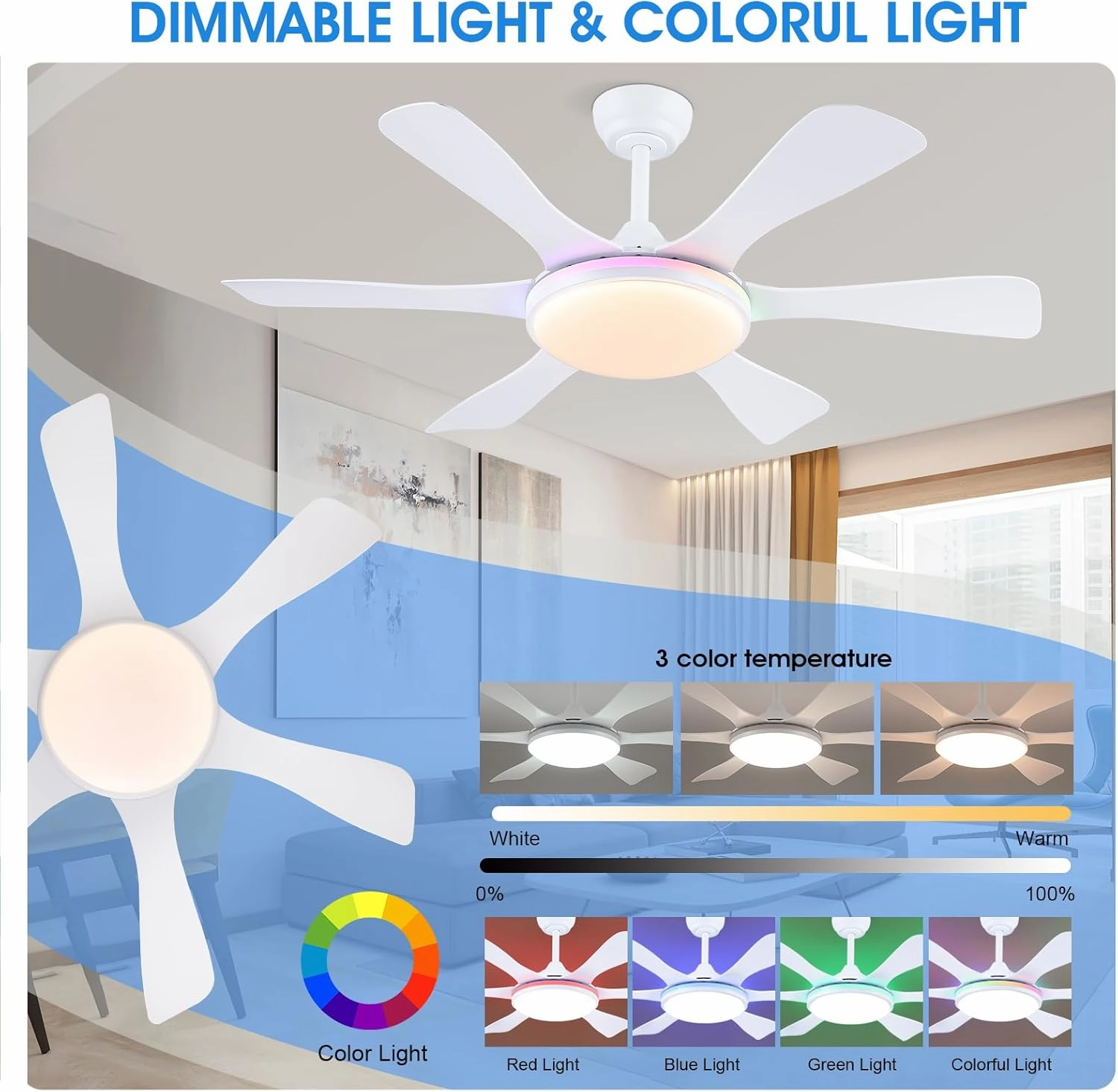 Ceiling Fans with Lights-47 Low Profile Ceiling Fan with 7-Color RGB Light and Remote/APP Control,Flush Mount,DC Reversible,LED Dimmable White Ceiling Fans for Bedroom,Indoor/Outdoor Patio