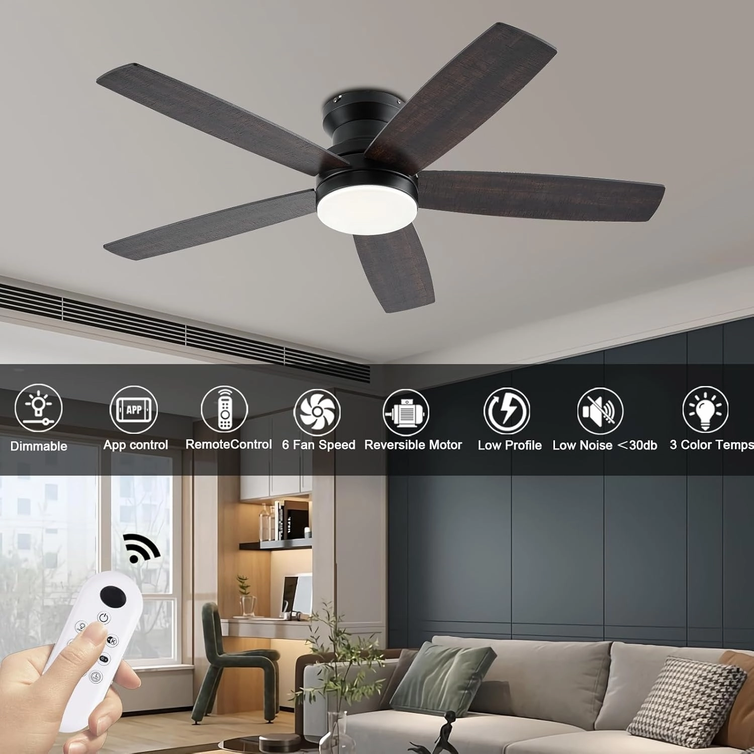 Ceiling Fans with Lights, 48Inch Low Profile Ceiling Fan with Light and Remote/App Control, Flush Mount, Reversible, 3CCT, Dimmable, Noiseless, Indoor/Outdoor Patios (Brown)