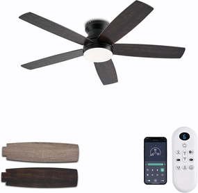 Ceiling Fans with Lights, 48Inch Low Profile Ceiling Fan with Light and Remote/App Control, Flush Mount, Reversible, 3CCT, Dimmable, Noiseless, Indoor/Outdoor Patios (Brown) App-controlled remote fan for convenience