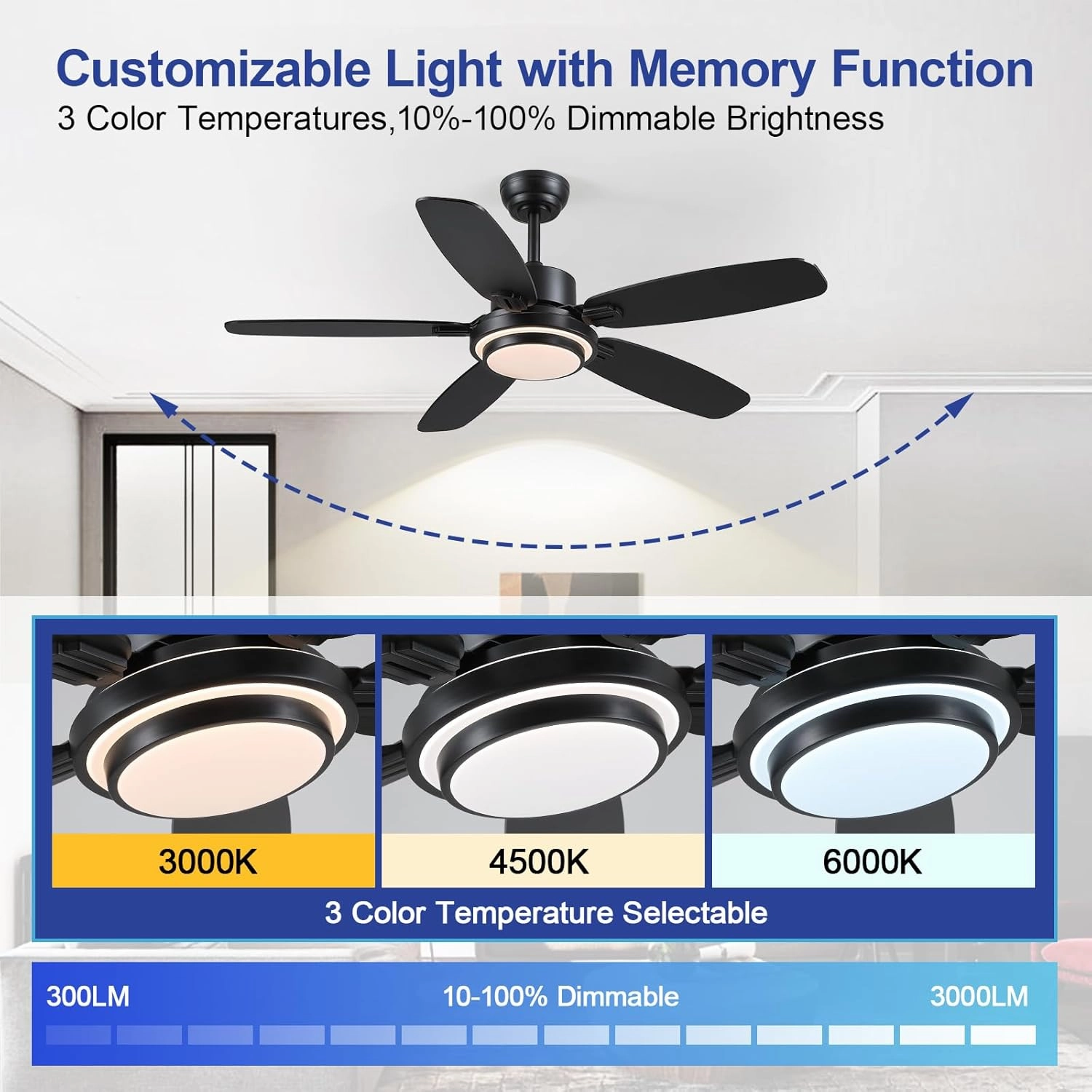 Ceiling Fans with Lights,50 Modern Black Ceiling Fan and Remote/APP Control,5 Dual Finish Blades Dimmable 3-Color LED Fandelier for Indoor Dinning Room,Bedroom