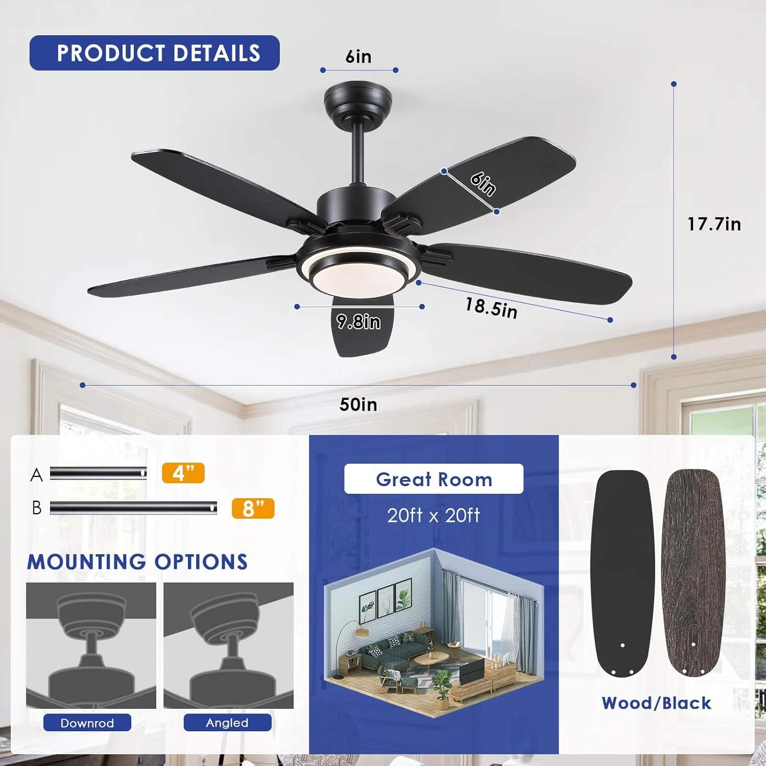 Ceiling Fans with Lights,50 Modern Black Ceiling Fan and Remote/APP Control,5 Dual Finish Blades Dimmable 3-Color LED Fandelier for Indoor Dinning Room,Bedroom