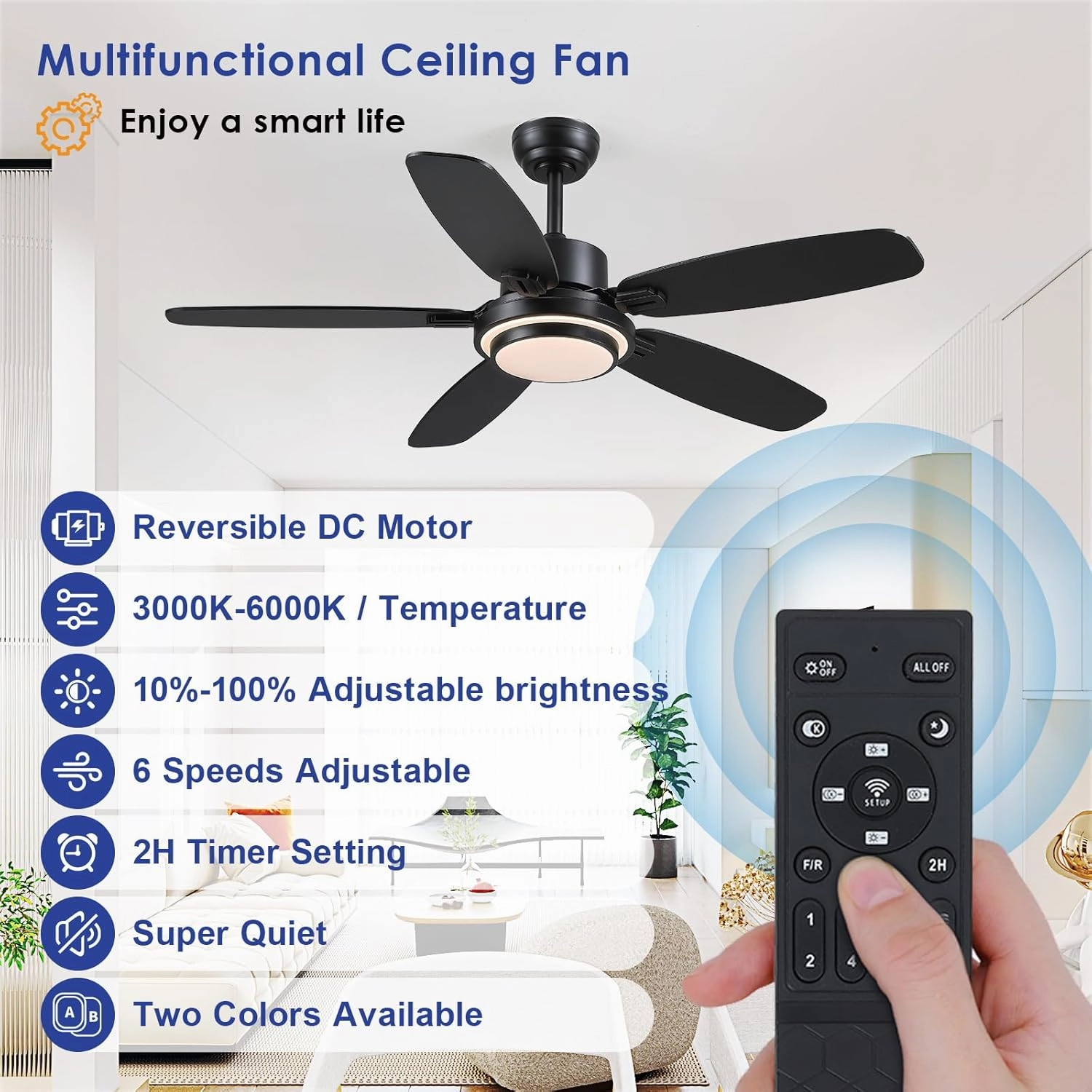 Ceiling Fans with Lights,50 Modern Black Ceiling Fan and Remote/APP Control,5 Dual Finish Blades Dimmable 3-Color LED Fandelier for Indoor Dinning Room,Bedroom
