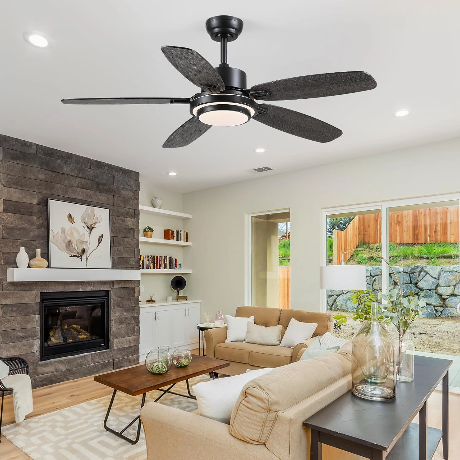 Ceiling Fans with Lights,50 Modern Black Ceiling Fan and Remote/APP Control,5 Dual Finish Blades Dimmable 3-Color LED Fandelier for Indoor Dinning Room,Bedroom