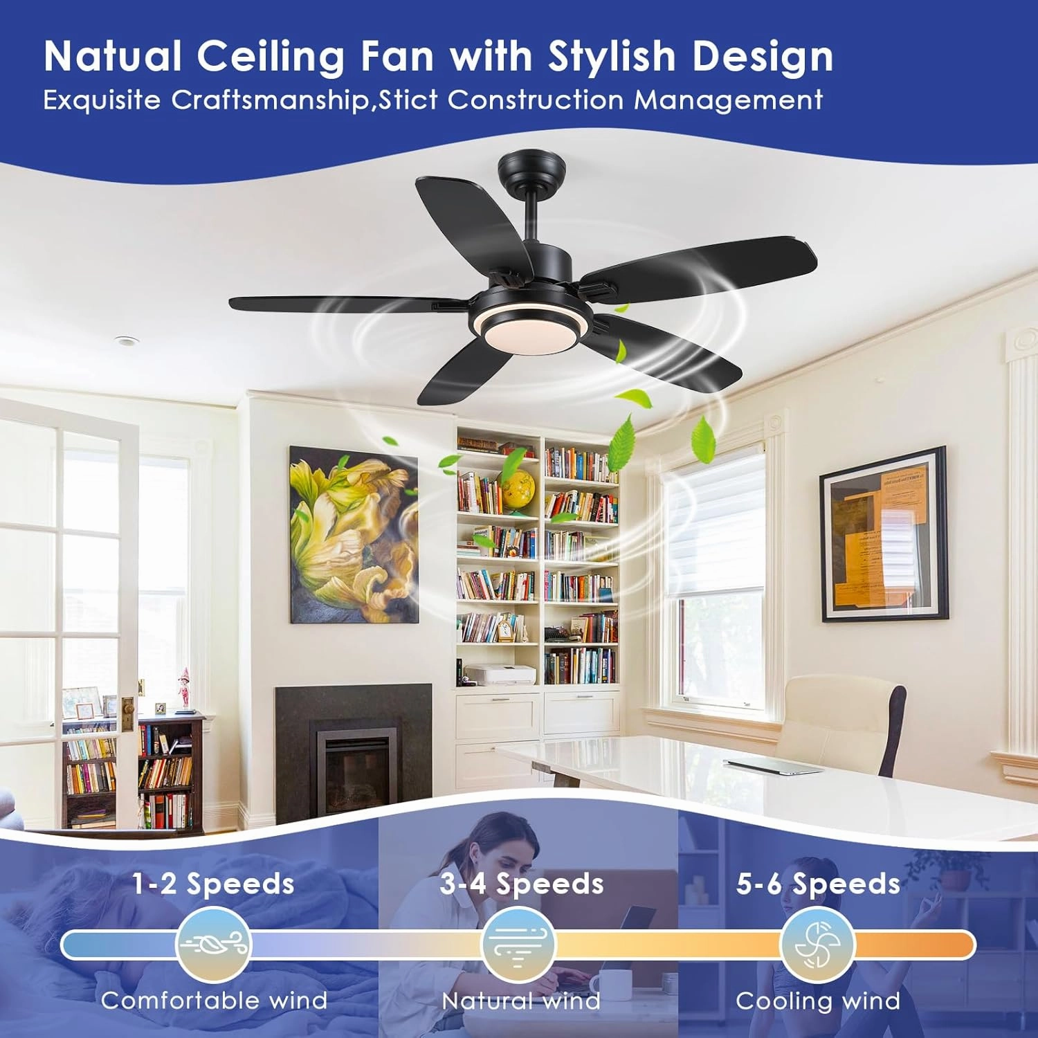 Ceiling Fans with Lights,50 Modern Black Ceiling Fan and Remote/APP Control,5 Dual Finish Blades Dimmable 3-Color LED Fandelier for Indoor Dinning Room,Bedroom