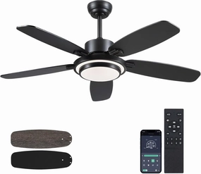 Ceiling Fans with Lights,50 Modern Black Ceiling Fan and Remote/APP Control,5 Dual Finish Blades Dimmable 3-Color LED Fandelier for Indoor Dinning Room,Bedroom App-controlled remote fan for convenience