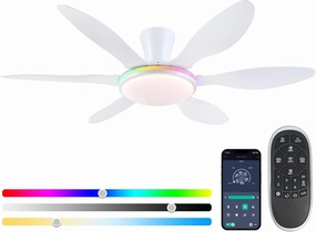 Ceiling Fans with Lights, 51 inch Modern White Low Profile Ceiling Fan with Light and Remote App Control, Flush Mount, Quiet DC Reversible, RGB Led Ceiling Fan 6 Blade Softer Wind Indoor/Outdoor Patio App-controlled remote fan for convenience