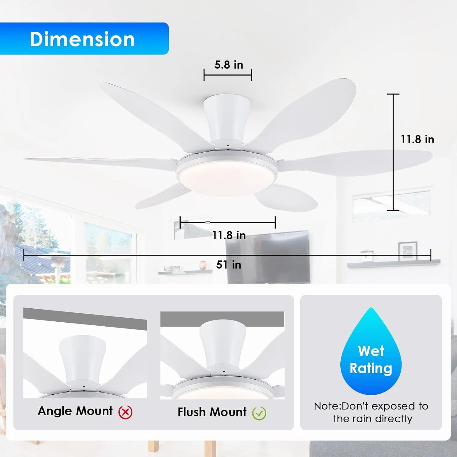 Ceiling Fans with Lights, 51 inch Modern White Low Profile Ceiling Fan with Light and Remote App Control, Flush Mount, Quiet DC Reversible, RGB Led Ceiling Fan 6 Blade Softer Wind Indoor/Outdoor Patio