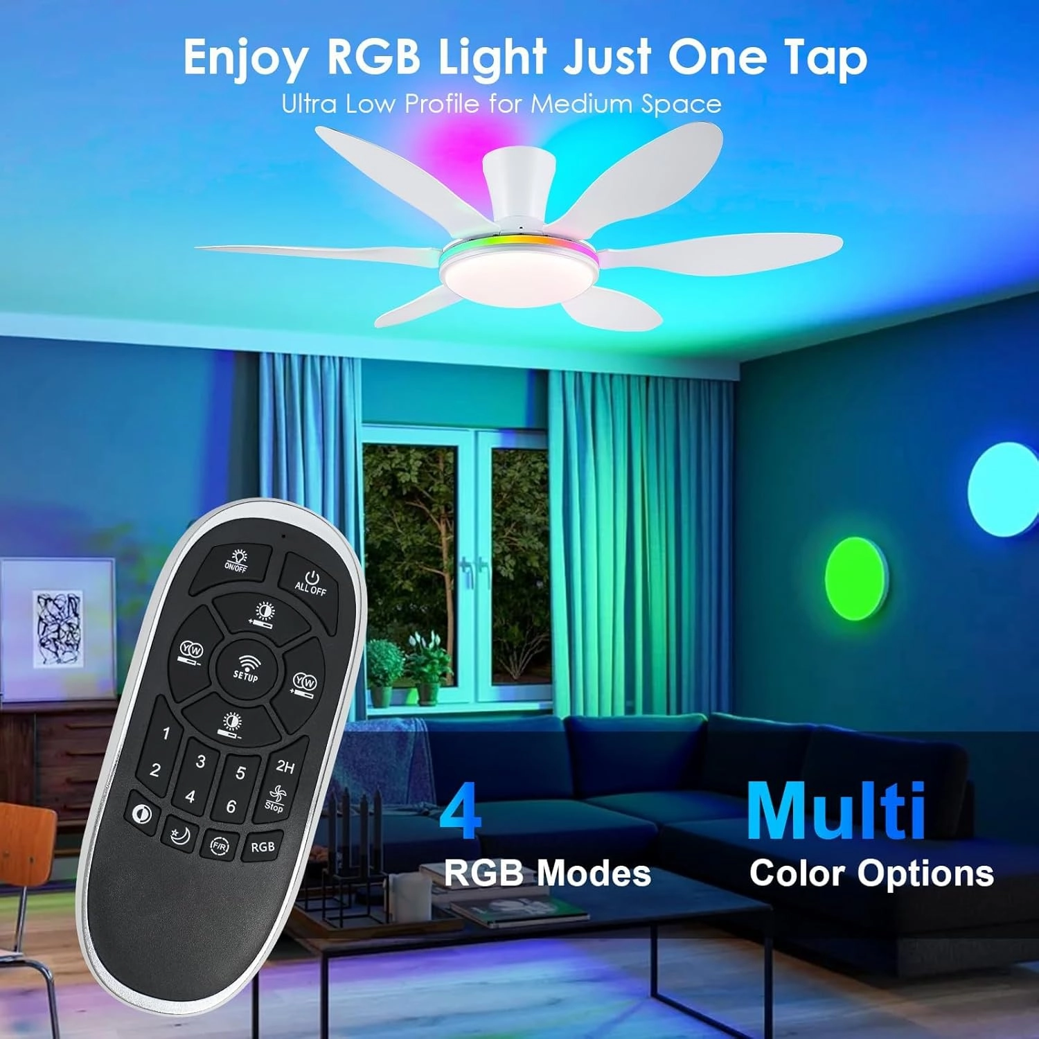 Ceiling Fans with Lights, 51 inch Modern White Low Profile Ceiling Fan with Light and Remote App Control, Flush Mount, Quiet DC Reversible, RGB Led Ceiling Fan 6 Blade Softer Wind Indoor/Outdoor Patio