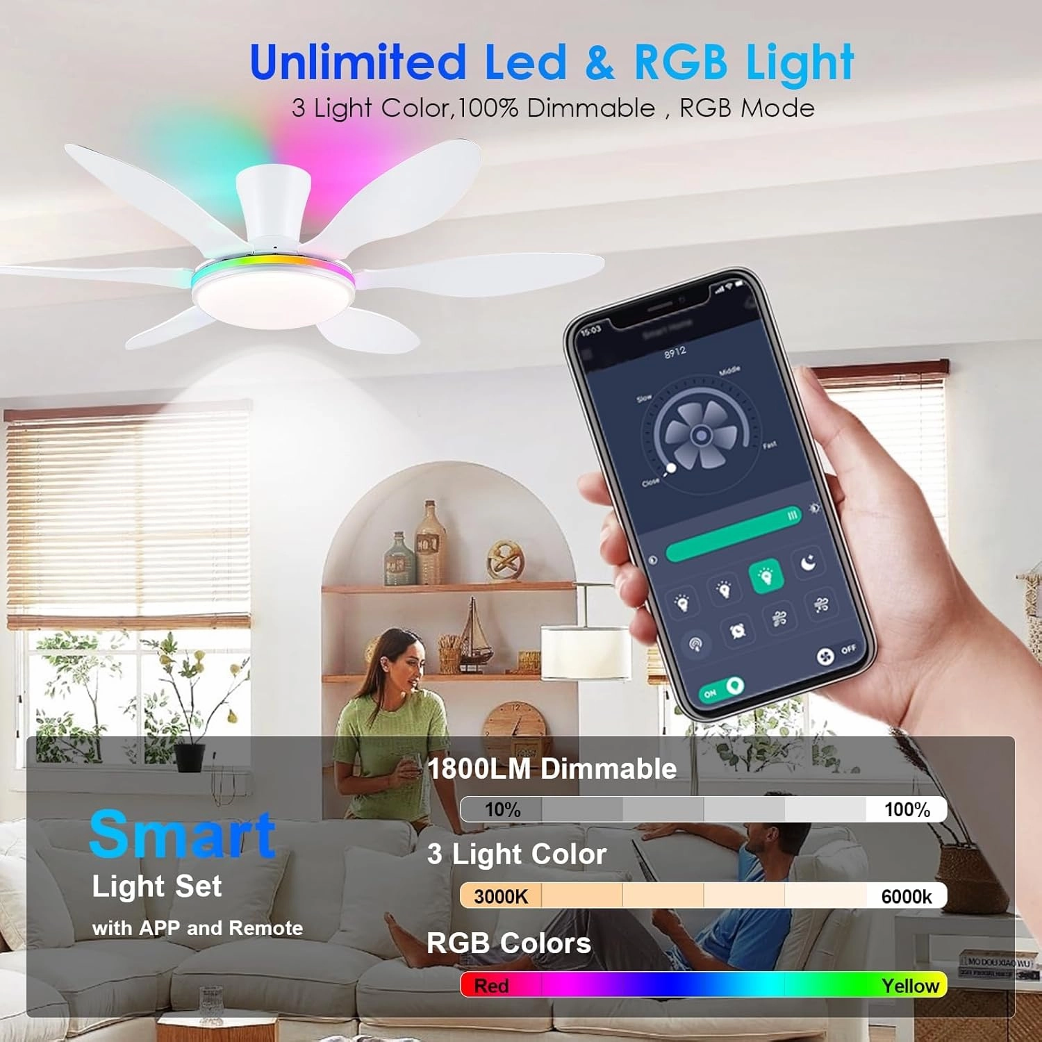 Ceiling Fans with Lights, 51 inch Modern White Low Profile Ceiling Fan with Light and Remote App Control, Flush Mount, Quiet DC Reversible, RGB Led Ceiling Fan 6 Blade Softer Wind Indoor/Outdoor Patio
