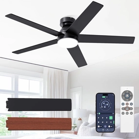 Ceiling Fans with Lights, 52 inch Ceiling Fan with Light and Remote,Flush Mount, Noiseless, Remote Control, 6 Speeds, Reversible, Dimmable, 3CCT, Black Ceiling Fan for Bedroom, Living Room App-controlled remote fan for convenience