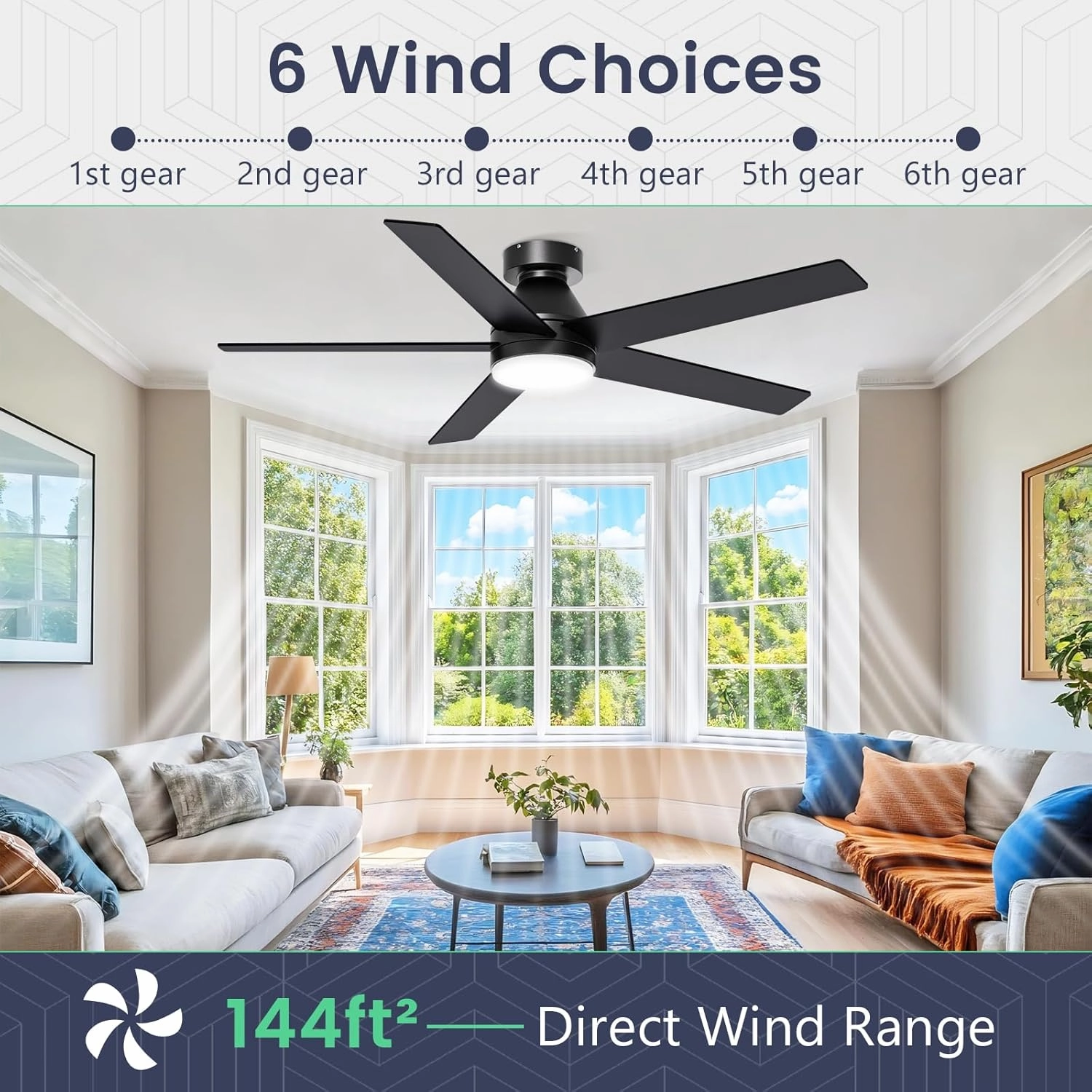 Ceiling Fans with Lights, 52 inch Ceiling Fan with Light and Remote,Flush Mount, Noiseless, Remote Control, 6 Speeds, Reversible, Dimmable, 3CCT, Black Ceiling Fan for Bedroom, Living Room