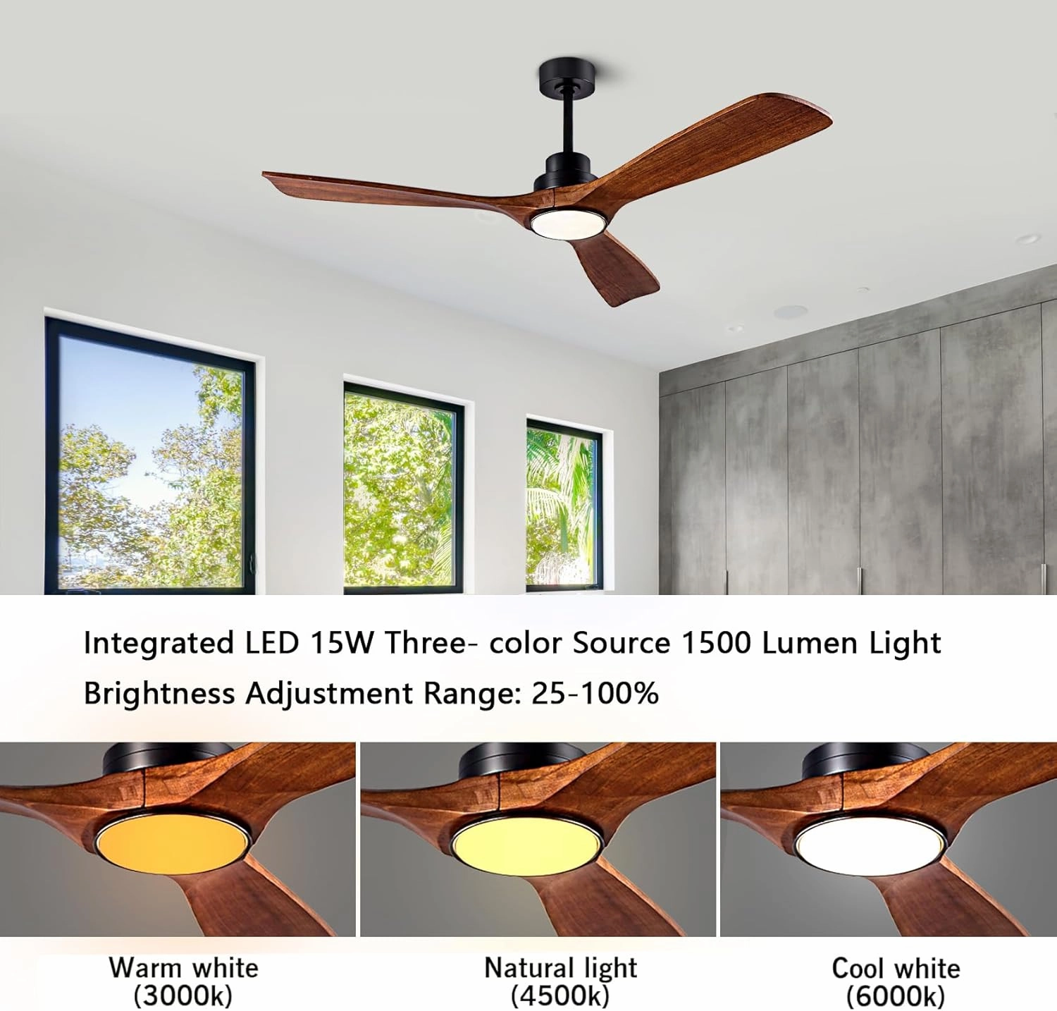 Ceiling Fans with Lights, 52 Inch Ceiling Fan with Remote/APP Control,3CCT Dimmable Light,Noiseless Reversible DC Motor,3 Solid Wood Blades,Indoor/Outdoor Ceiling Fans for Bedroom,Farmhouse,Patio