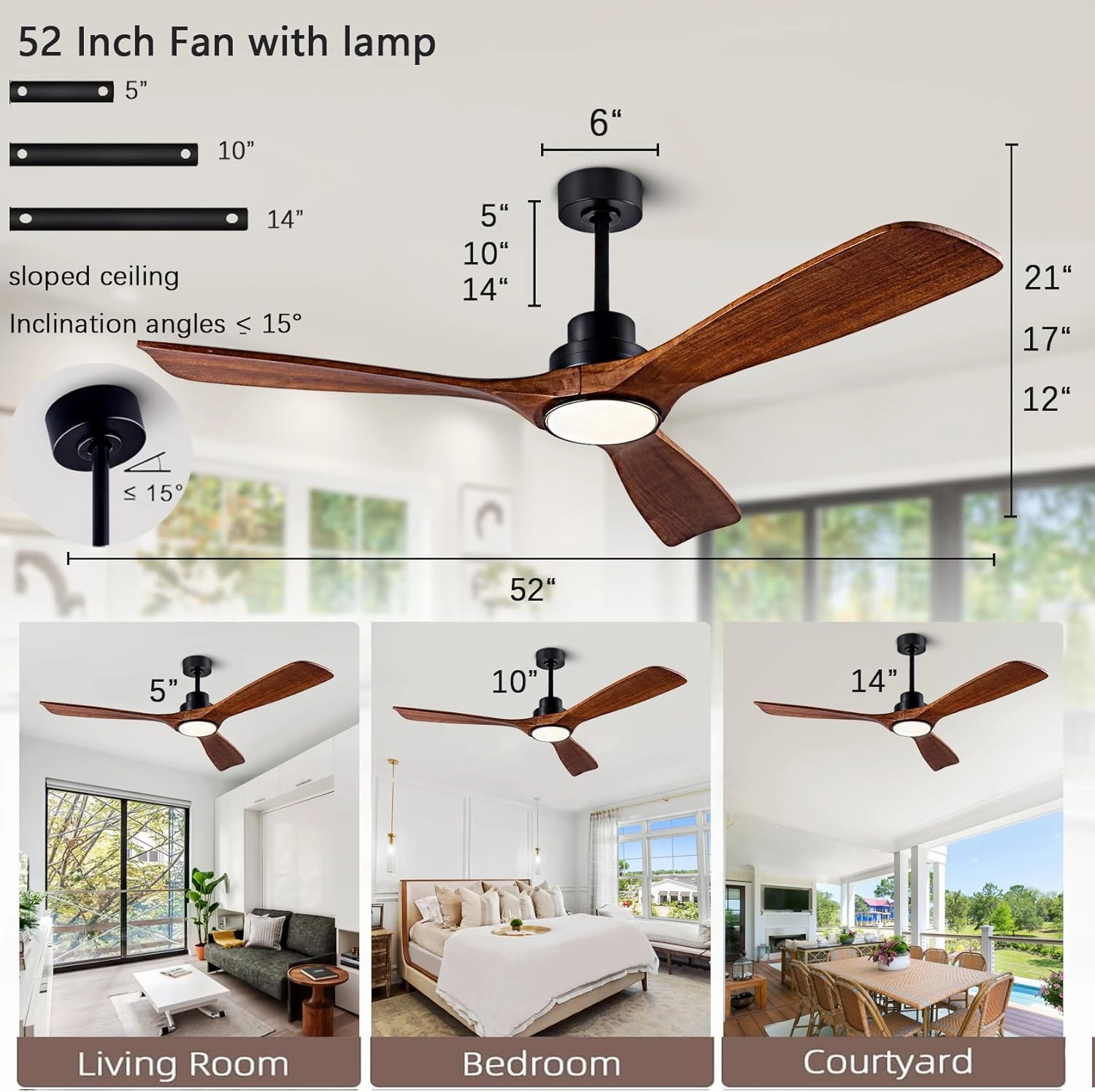 Ceiling Fans with Lights, 52 Inch Ceiling Fan with Remote/APP Control,3CCT Dimmable Light,Noiseless Reversible DC Motor,3 Solid Wood Blades,Indoor/Outdoor Ceiling Fans for Bedroom,Farmhouse,Patio
