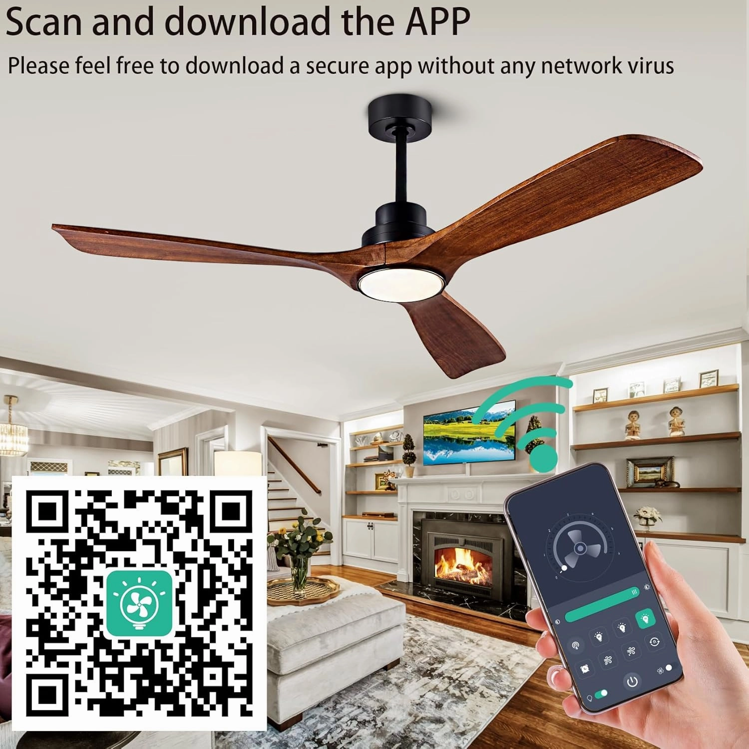 Ceiling Fans with Lights, 52 Inch Ceiling Fan with Remote/APP Control,3CCT Dimmable Light,Noiseless Reversible DC Motor,3 Solid Wood Blades,Indoor/Outdoor Ceiling Fans for Bedroom,Farmhouse,Patio