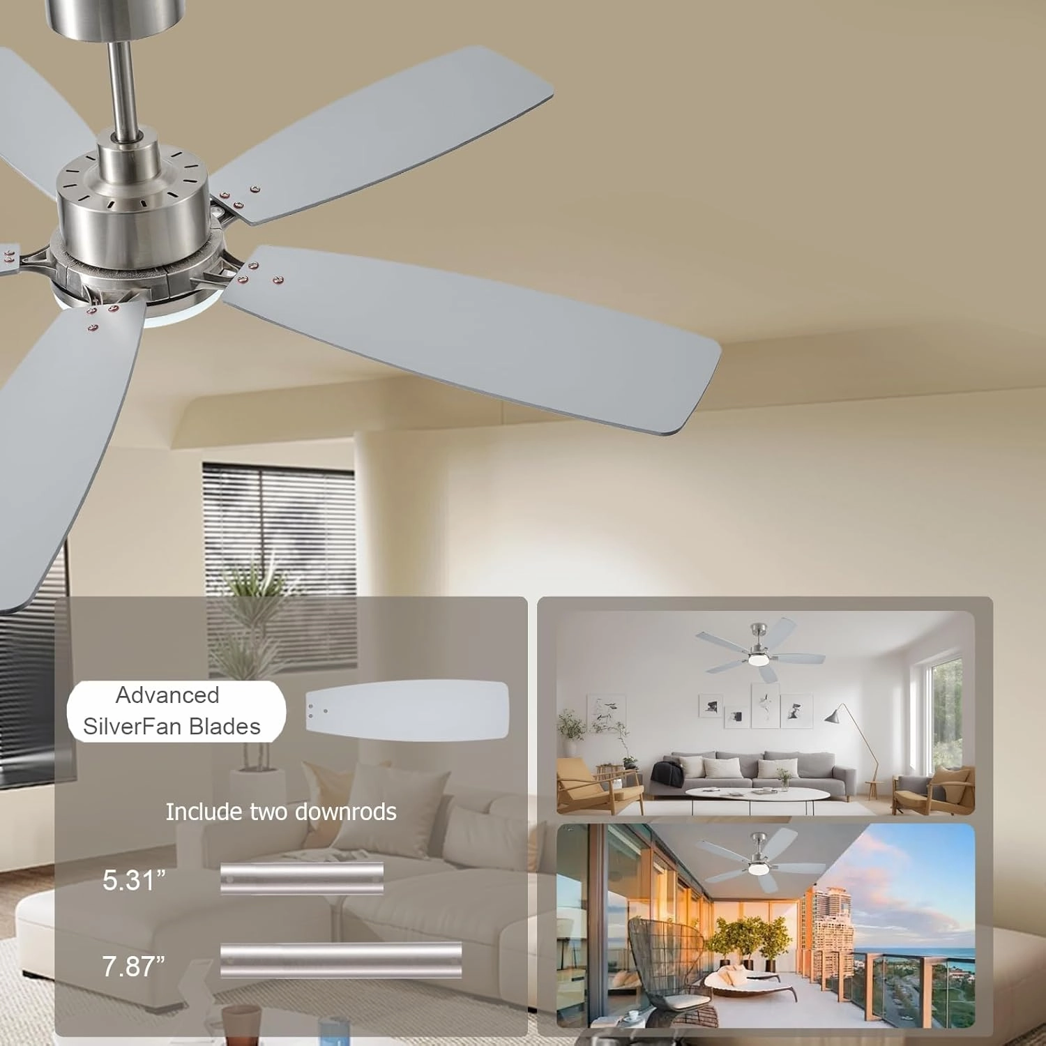 Ceiling Fans with Lights, 52 Inch Low Profile Ceiling Fan with Light and Remote Control, 2 Downrods, DC Reversible Motor, Dimmable LED Ceiling Fans for Bedroom,Indoor/Outdoor Patio UseNickel