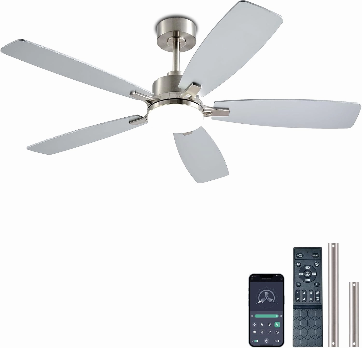 Ceiling Fans with Lights, 52 Inch Low Profile Ceiling Fan with Light and Remote Control, 2 Downrods, DC Reversible Motor, Dimmable LED Ceiling Fans for Bedroom,Indoor/Outdoor Patio UseNickel App-controlled remote fan for convenience