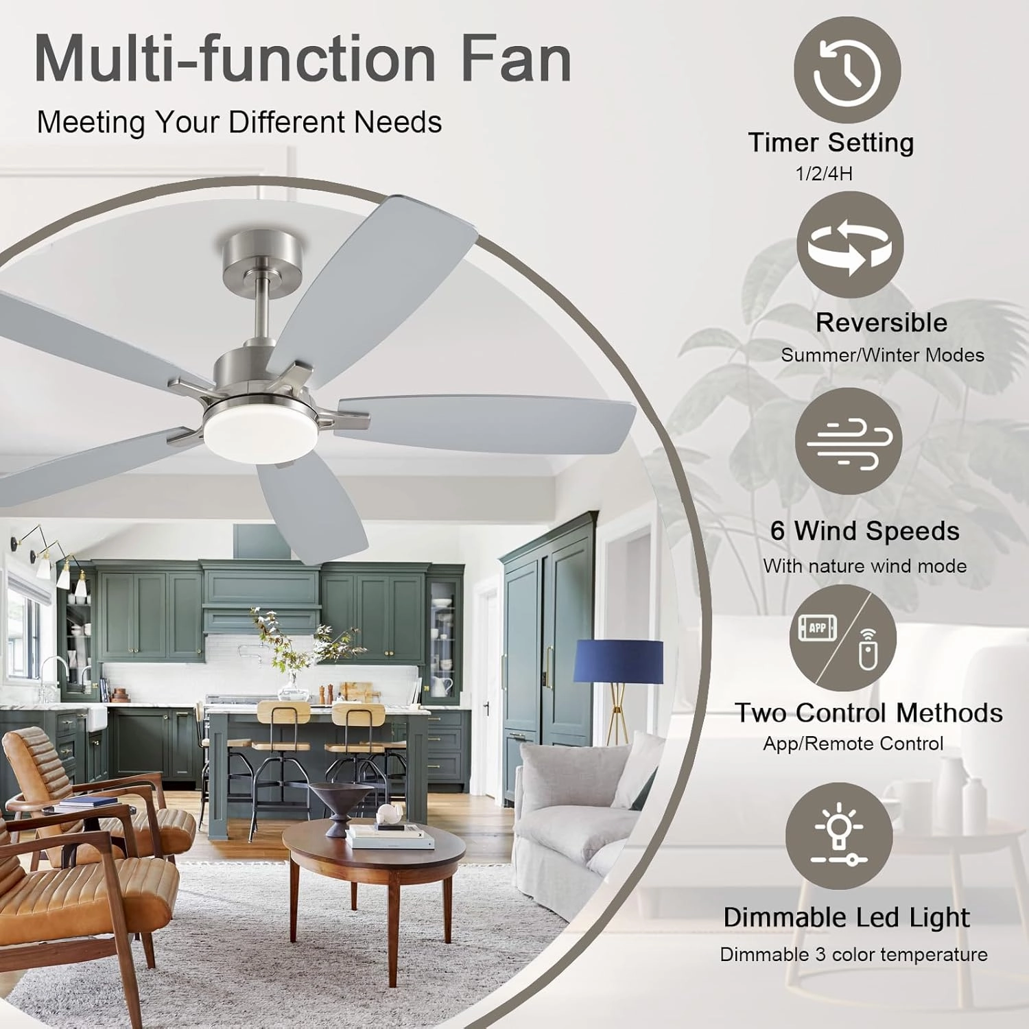 Ceiling Fans with Lights, 52 Inch Low Profile Ceiling Fan with Light and Remote Control, 2 Downrods, DC Reversible Motor, Dimmable LED Ceiling Fans for Bedroom,Indoor/Outdoor Patio UseNickel