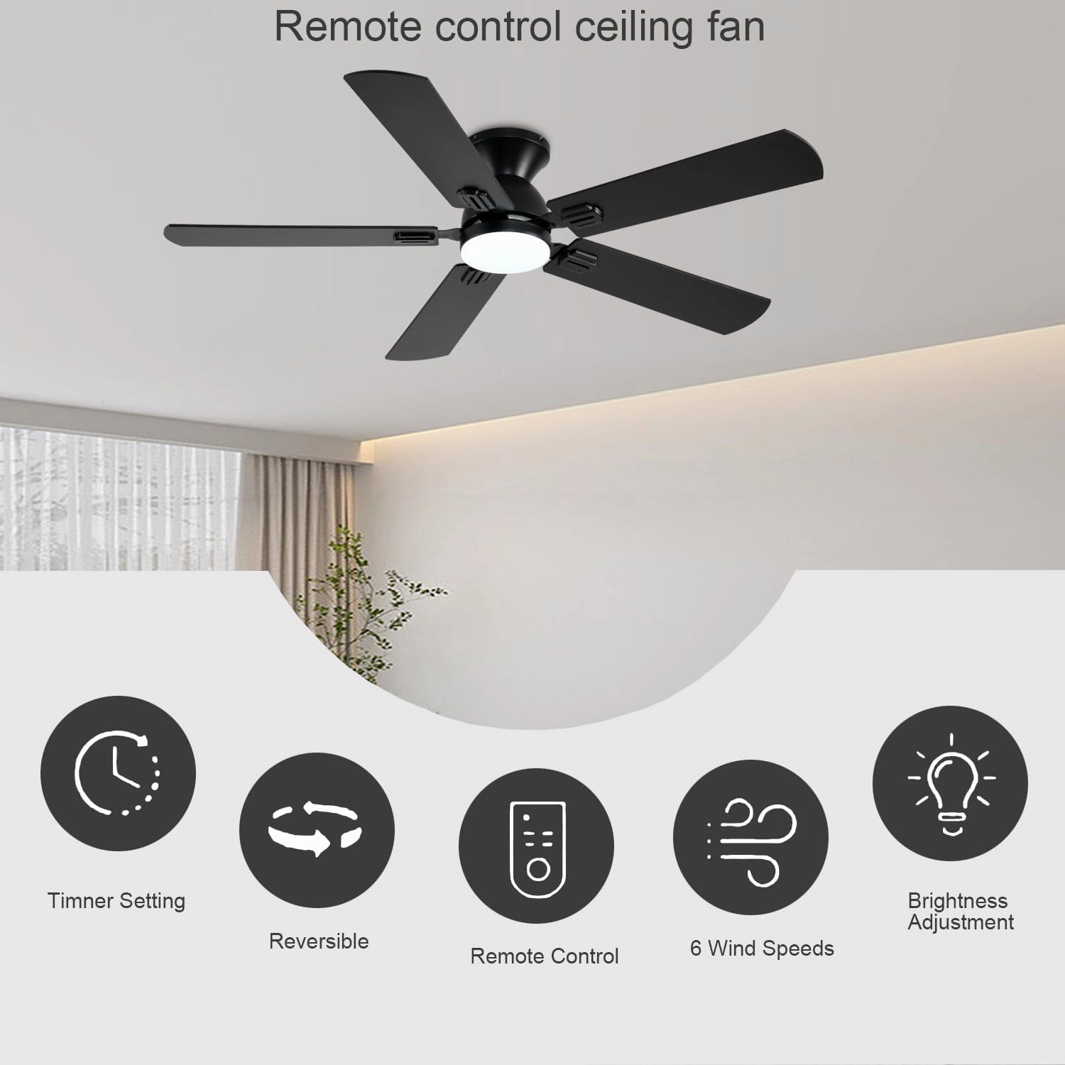 Ceiling Fans with Lights, 52 Inch Low Profile Ceiling Fan with Light and Remote, Flush Mount Ceiling Fan, 3CCT, Dimmable, Noiseless, Ceiling Light Fan for Bedroom, Indoor/Outdoor Use,Black