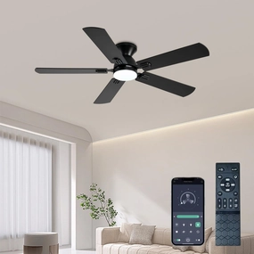 Ceiling Fans with Lights, 52 Inch Low Profile Ceiling Fan with Light and Remote, Flush Mount Ceiling Fan, 3CCT, Dimmable, Noiseless, Ceiling Light Fan for Bedroom, Indoor/Outdoor Use,Black App-controlled remote fan for convenience