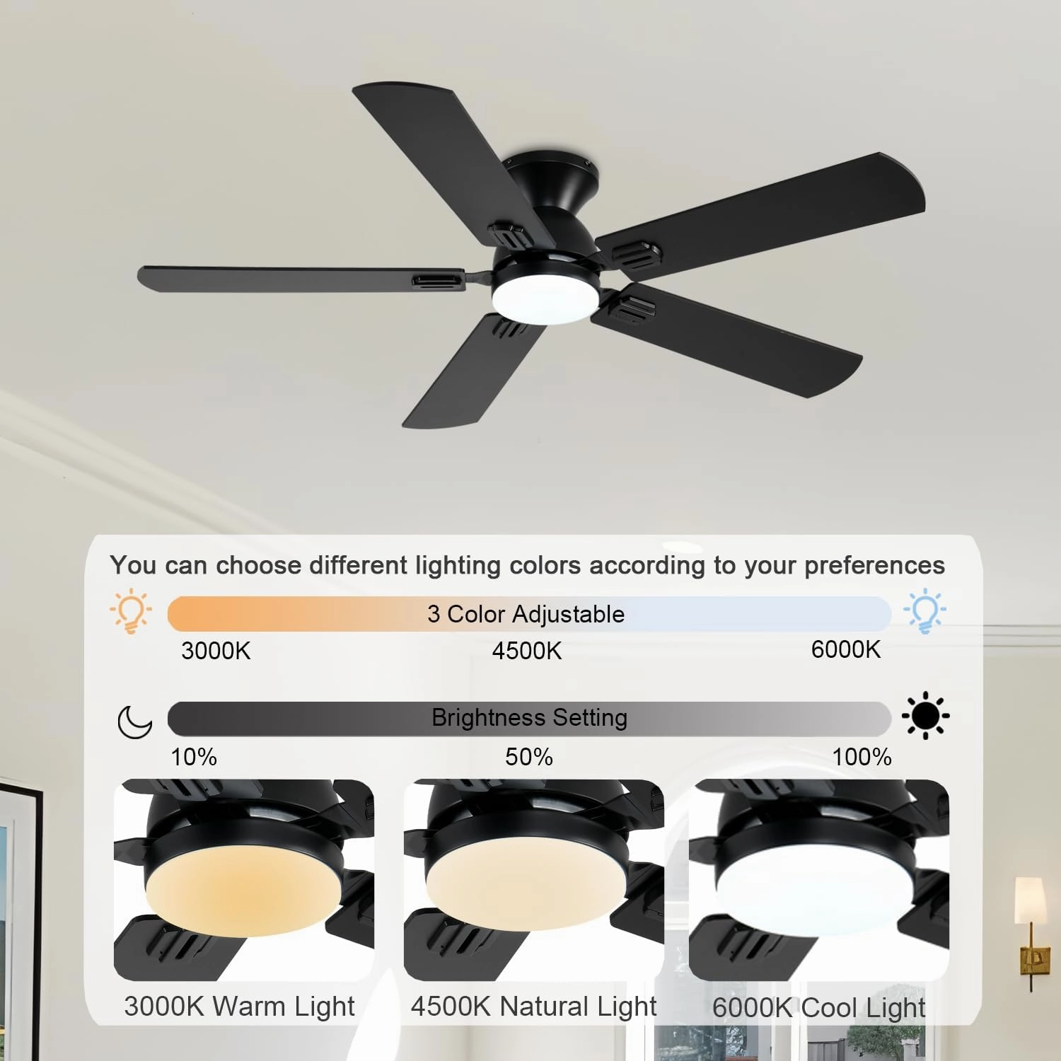 Ceiling Fans with Lights, 52 Inch Low Profile Ceiling Fan with Light and Remote, Flush Mount Ceiling Fan, 3CCT, Dimmable, Noiseless, Ceiling Light Fan for Bedroom, Indoor/Outdoor Use,Black